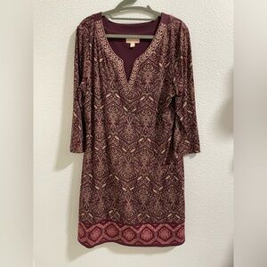 Magnolia Grace Elegant Burgundy Patterned Long Sleeve Dress